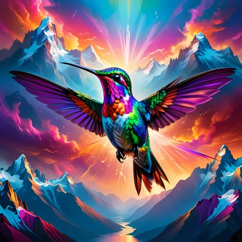 as a colorful hummingbird soars over a majestic mountain，stunning scenes unfold, reminiscent of the mythical bird of paradise. i...