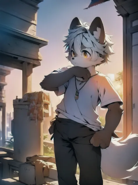 furry,fur,body fur,alone,male,(Sad face),((sunrise,horizon,Abandon the distant city)),short sleeves,Character focus,Face focus,White shirt,white hair, orange fur,orange eyes,rest,Austro-European Union