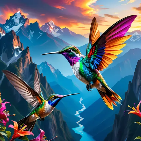 as a colorful hummingbird soars over a majestic mountain，stunning scenes unfold, reminiscent of the mythical bird of paradise. i...