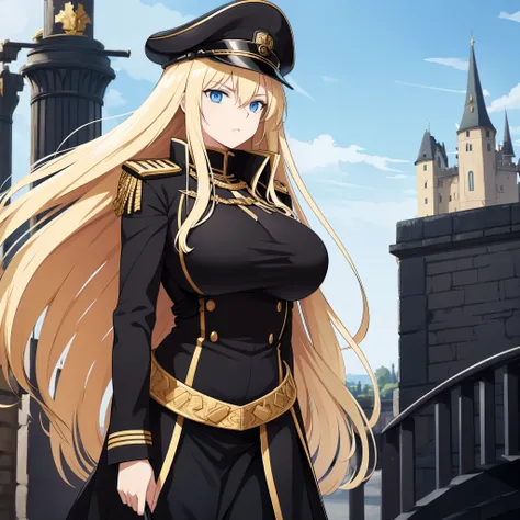 a woman with long blonde hair, blue eyes, wearing a black prussian uniform with gold details, wearing a black military hat with ...