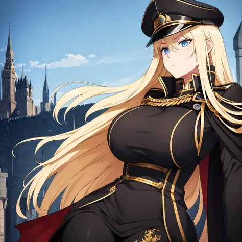 a woman with long blonde hair, blue eyes, wearing a black prussian uniform with gold details, wearing a black military hat with ...