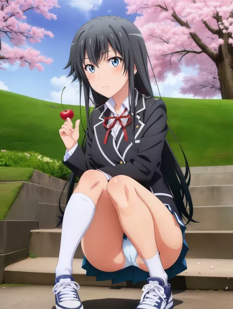 ((1 girl )), Cherry-blossom viewing,Yukinoshita Yukino , squat,wear sneakers, (Sole of foot 1.0),blazer,shirt,check skirt,(white knee high socks),(Pussy cameltoe in panties:1.0),(white lace panties),