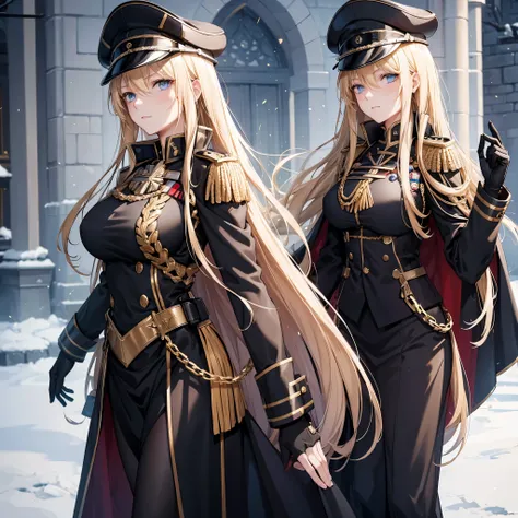 a woman with long blonde hair, blue eyes, wearing a black prussian uniform with gold details, wearing a black military hat with ...