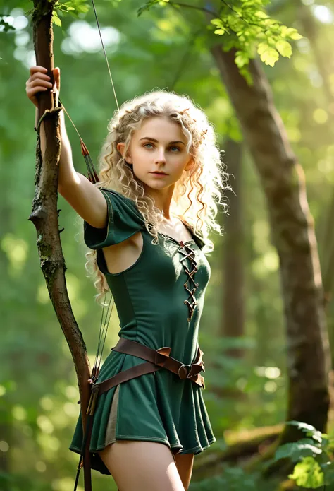 (realistic:1.4), 18 years old elf archer in the forest, pale curly disheveled hair, delicate features of a thin face, cute sexy,...