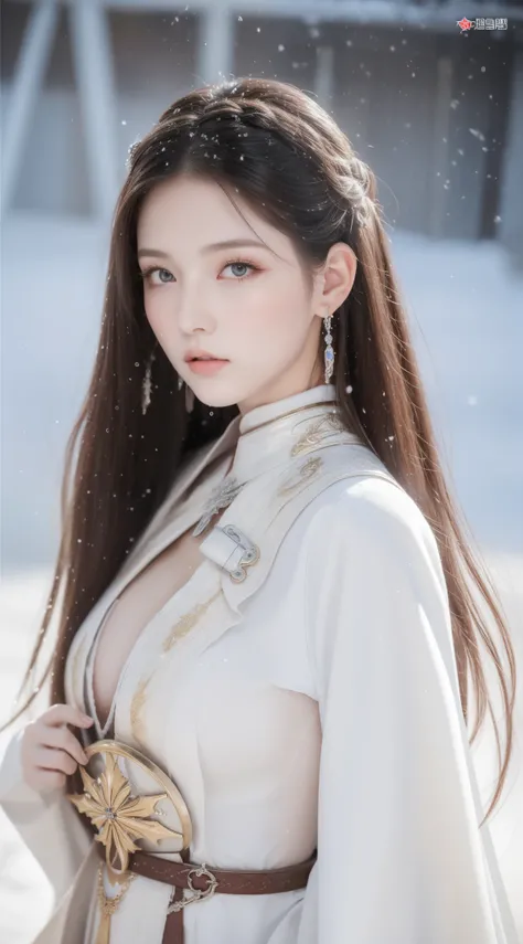 perfect figure beautiful girl:1.4, 17years old, cleavage, huge breast Layered Hair Style, (Cleric:1.5), Jewelry Decoration, Highly Detailed Face and Skin Textur, double-edged eyelid, Whiten the skin, long hair,  (background snow plains), diamond dust,