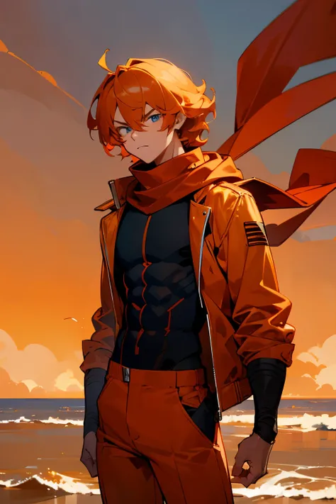 short wavy hair, orange jacket, red scarf, black shirt, young male, blue eyes, sunset, golden hair, angry, sandy background, caramel skin tone, muscular, orange pants, orange tinted glasses