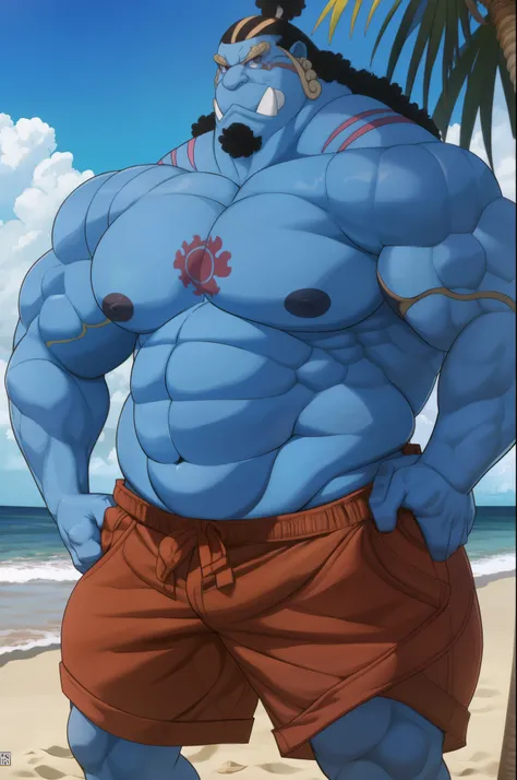 huge muscular man (jinbei) standing in beach, blue skin, chest tattoo, beach, palm, muscle, realistic, 8k, masterpice, (shirtless, nude, topless. wearing shorts)