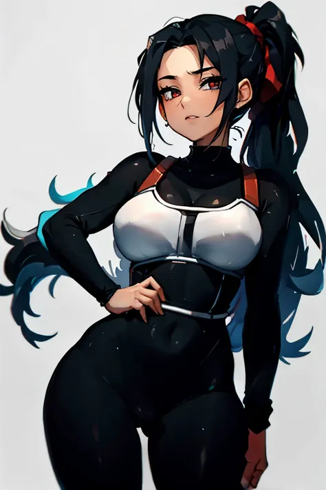 (best quality,anime style)beautiful girl, black hair tied in a ponytail, black leggings, red eyes, long black sleeves