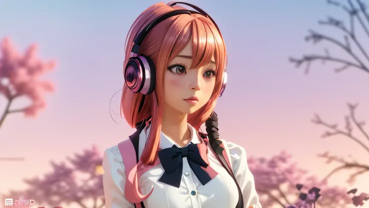 Anime girl with headphones and bow tie stands in front of a colorful background。, anime style. 8k, anime style 4 k, anime styled 3d, Nightcore, Realistic anime 3d style, Smooth anime CG art, 3d anime girl, 8K Art Germ Bokeh, render of a cute 3d anime girl,...