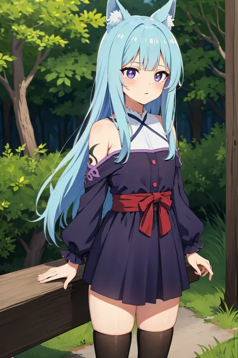 Anime wolfgirl, in the forest, Blue hair, purple eyes, (scars on the face), high quality, best quality, 4k, 2k,