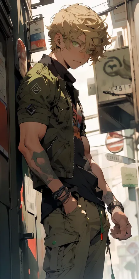 one man, (((detailed short blonde hair, detailed olive green eyes, Russian))), toned muscular body, modern casual clothing, apocalyptic world, vivid colors, concept artists lighting, (((sorprendido)))), (((ADULTO))),