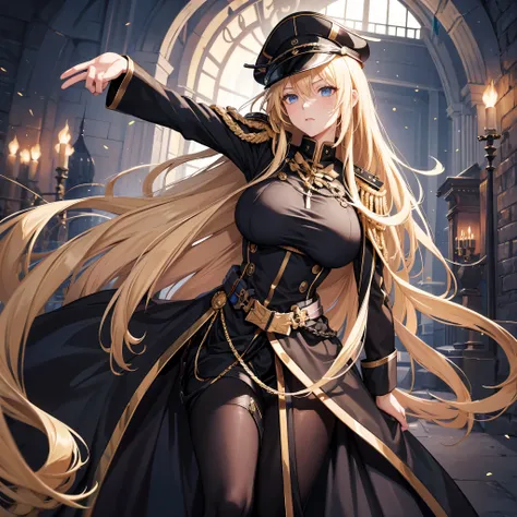 a woman with long blonde hair, blue eyes, wearing a black prussian uniform with gold details, wearing a black military hat with ...