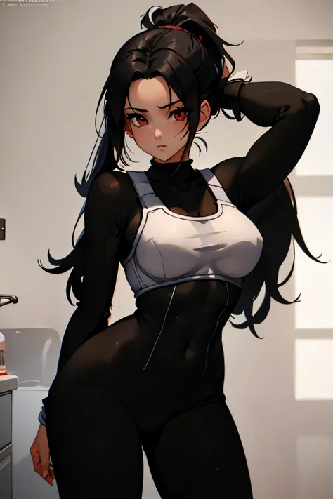 (a beautiful girl, black hair tied in a ponytail, black leggings, anime style, best quality, red eyes, long black sleeves)