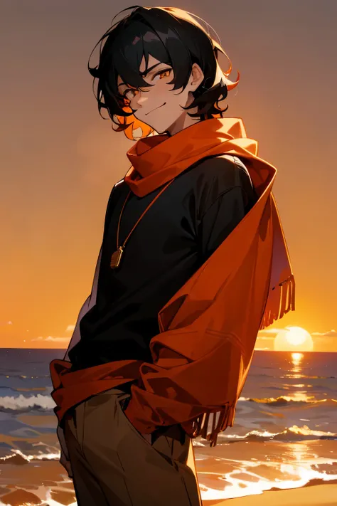 short wavy hair, black shirt,orange sweater, young male, golden eyes, sunset, black hair, smirk, sandy background, red scarf, caramel skin tone