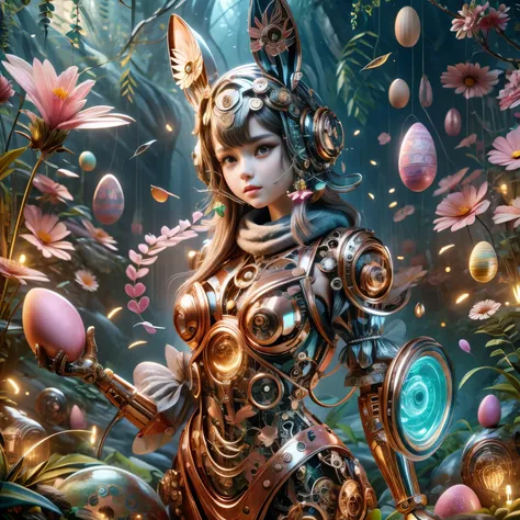 1 cute girl，Its body is made of fine metal parts。Eyes are like two shining gems，Transparent glow，Under the illumination of neon lights，Create a sparkling effect together with high-precision mechanical components。Surrounded by exotic plants and Easter eggs，...