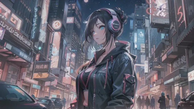 masterpiece,Anime-style illustration showing a young woman in her 20s wearing a futuristic plunging costume, facing right, Standing in the middle of the street in a cyberpunk nightlife district. she has pinkish black hair、wearing headphones. big breasts、Sh...