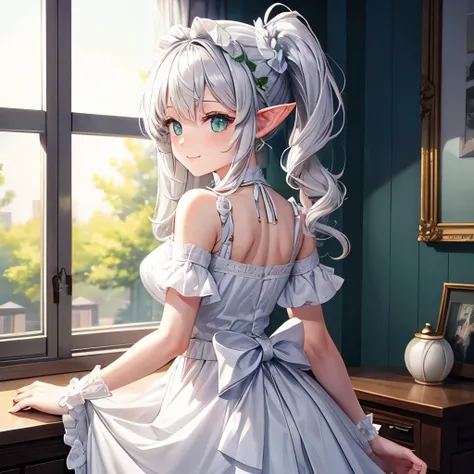 vibrant colors, masterpiece, sharp focus, best quality, depth of field, cinematic lighting, smiling, white shorts, from behind, silver hair, side ponytail, green eyes, cross-shaped pupils, white frilled bloomers, pointy ears, white dress, hair ornament, sk...