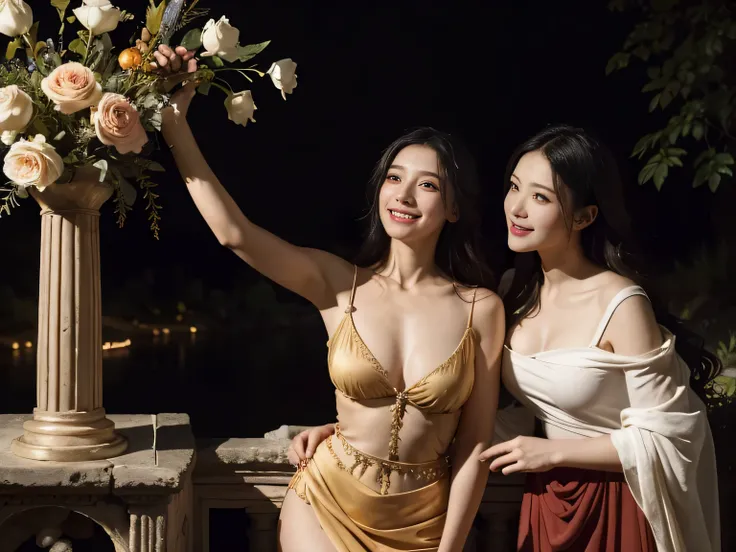 Giorgione painting style,Arguments of two female Philosophe,math、astronomical machine、astronaut、roses in vase、fruits、Cute trinkets、smile、ancient greek costume、Background is a forest lake at night 、Clothes that stretch your shoulders、A big smile、beautiful b...