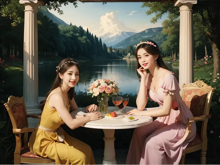 Raffaello Santi painting style,Arguments of two female P、roses in vase、fruits、Cute trinkets、smile、ancient greek costume、Background is a forest lake at night ,A big smile