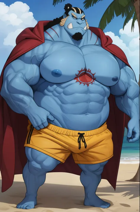 huge muscular man (jinbei) standing in beach, blue skin, chest tattoo, beach, palm, muscle, realistic, 8k, masterpice, (shirtless, nude, topless. wearing shorts)