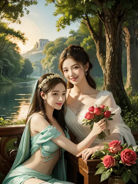 Raffaello Santi painting style,Arguments of two female P、roses in vase、fruits、Cute trinkets、smile、ancient greek costume、Background is a forest lake at night ,A big smile