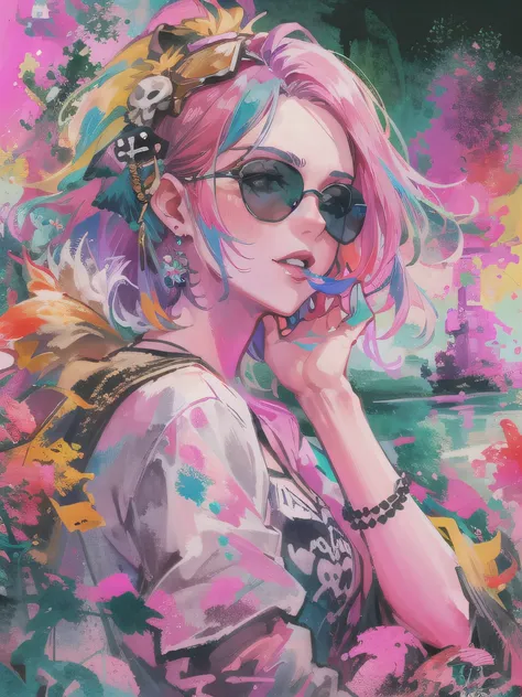 watercolor painting, 8K resolution、((highest quality))、((masterpiece))、((Super detailed))、1 female、alone、incredibly absurd、 (((The most beautiful pirate girl of all time))), (((Stylish sunglasses))), lips in love, white skin, pirate bandana, ((skull fashio...