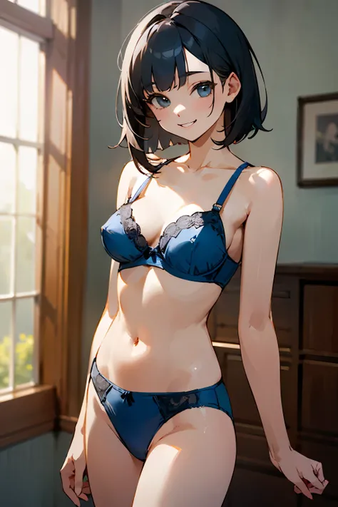 NSFW、with the best image quality、teenage girl standing in the room。in high resolution、beautiful details、quiet atmosphere。black bob hair、cute smile.。Cute Blue Bra、wearing cute blue panties。