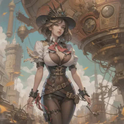 suggestive pose, random hair color, random eye color, Tenebrism art style painting,oil on canvas,(((huge big natural saggy breasts,very noticeable cameltoe))),steampunk airship background landscape,Complete Steampunk Clothes Intricade Details, WLOP, sakimi...