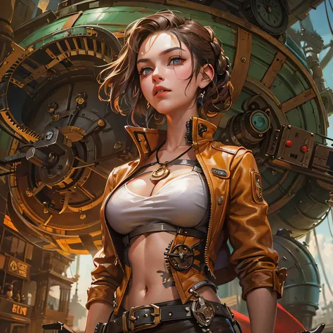 suggestive pose, random hair color, random eye color, Tenebrism art style painting,oil on canvas,(((huge big natural saggy breasts,very noticeable cameltoe))),steampunk airship background landscape,Complete Steampunk Clothes Intricade Details, WLOP, sakimi...