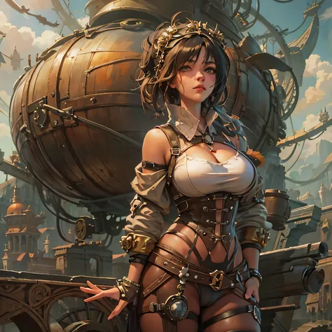 suggestive pose, random hair color, random eye color, Tenebrism art style painting,oil on canvas,(((huge big natural saggy breasts,very noticeable cameltoe))),steampunk airship background landscape,Complete Steampunk Clothes Intricade Details, WLOP, sakimi...