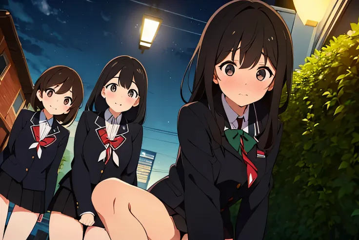 (three women:1.5)　,dark brown hair,black hair,（nose blush:1.7） ,surprised,open your mouth,(school uniform),（panties are fully vi...