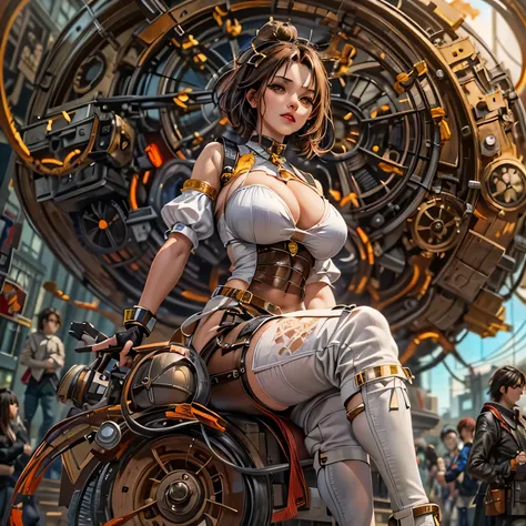 suggestive pose, random hair color, random eye color, Tenebrism art style painting,oil on canvas,(((huge big natural saggy breasts,very noticeable cameltoe))),steampunk airship background landscape,Complete Steampunk Clothes Intricade Details, WLOP, sakimi...