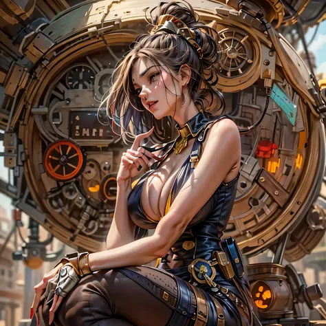 suggestive pose, random hair color, random eye color, Tenebrism art style painting,oil on canvas,(((huge big natural saggy breasts,very noticeable cameltoe))),steampunk airship background landscape,Complete Steampunk Clothes Intricade Details, WLOP, sakimi...