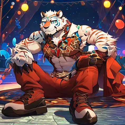 4k, actual, high detail, super detailed, circus，clown costume。Abs loom，Bear，brown fur，Strong body，Balloon in hand，blue eyes，on stage，Falling on the ground，sad，tearing up