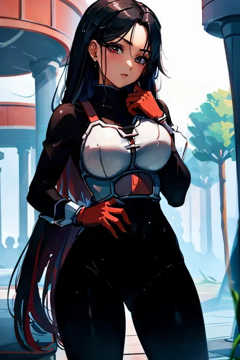 red eyes, black loose hair, anime style, best quality, black long-sleeved shirt, black leggings