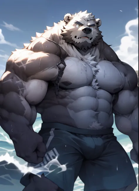 hairy，（Bear，On the beach，bulge），Bed（a pair of swimming trunks），beard，brown fur，male，Common，full-body shot， dynamic poses，covered in sweat，standing in water，Wave your hand，Smiling，Highlight the pectoral muscles，face camera，Detailed background，极其lifelike阴影，m...