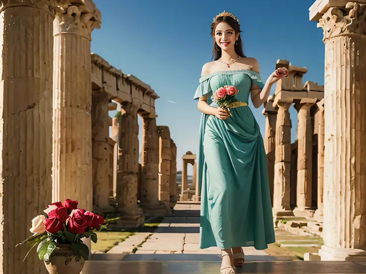 Raffaello Santi painting style,Arguments of two female 、roses in vase、fruits、Cute trinkets、smile、ancient greek costume、Woman standing on ancient Roman ruins ,A big smile