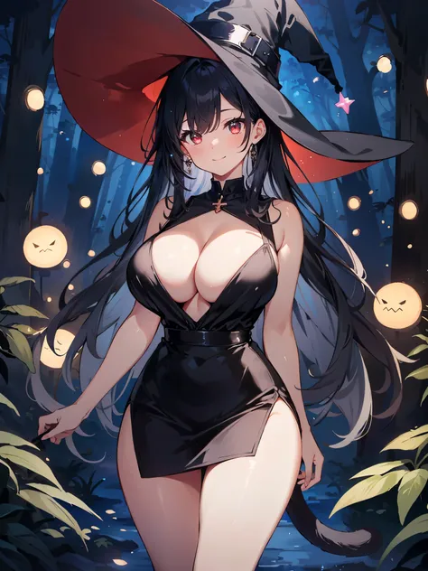 high quality, ultra detailed, best quality, insanely detailed, beautiful, masterpiece, 1girl, solo, illustration, night forest, particle lights, cowboy shot, looking at viewer, red eyes, long hair, bangs, black hair, witch, witch hat, bodycon dress, cat ta...