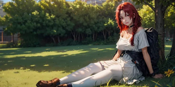 red hair, long hair, braid, red eyes, huge breasts, anatomically correct, sweating, choker, 1girl, sitting,  dress,  white_dress, solo, outdoors, grass, tree, white_legwear, breasts, shoes, short_sleeves, looking_at_viewer, loafers, day, brown_footwear, on...