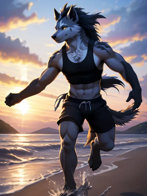 Anthro((dramatic))epic, dynamic pose, One scene of movie, An extreme perspective with a powerful composition, absurdres, Perfect Anatomy, male, furry, Hyena anthro, Mightyena, solo, Yellow eyes, (Ultra Realistic eyes details 1.2), beach, wearing tank top, ...