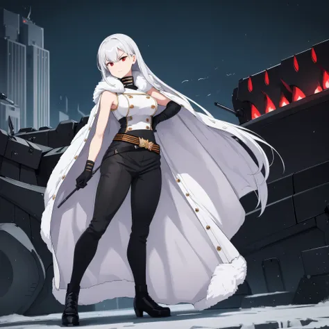 a woman with long silver hair, red eyes wearing black pants, military shoes, white sleeveless shirt, in the city of Moscow at daytime, serious face
