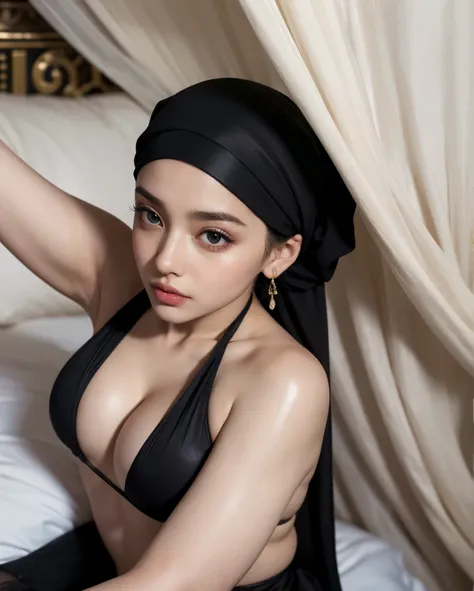 (best quality, 4k, highres, masterpiece:1.2), ultra-detailed, (realistic, photorealistic, photo-realistic:1.37), hijab girl, seductive sexy pose, beautiful detailed eyes, beautiful detailed lips, long eyelashes, soft lighting, silk fabric, cozy bedroom, wa...