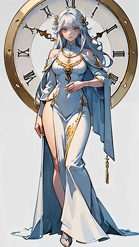 ((masterpiece,best quality,8k,highres)),((character concept art)), 1 female, adult female, Goddess of Time, 170 cm height, curly long hair, side hair bangs (white hair colour), ultra finely detailed eyes (white eyes colour), extraordinary gorgeous, charmin...