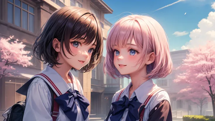 (2 girls:1.2), cute face, shining smile, short bob, (school uniform, mini skirt:1.2), (highest quality: 1.4), (Super detailed), (highest quality:1.4), (super detailed), Day光, cherry blossoms, (School, old School building),  outdoors, Sunny, cloud, Day,  bl...