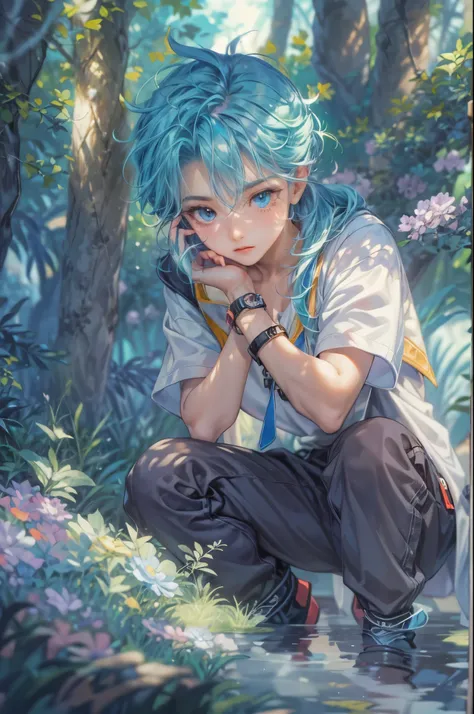 ((Best quality)), ((masterpiece)), (detailed), ((perfect face)), ((halfbody)) handsome face, male, teen boy,  perfect proportions , a character from anime groove adventure Rave, blue hair, male version , hiro mashima art, detailed ghibli forest background,...