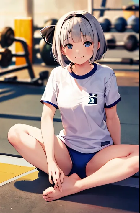 (((((whole body)))))、Youmu, This is a very cute gym uniform 、smile,、Cross-legged、barefoot、