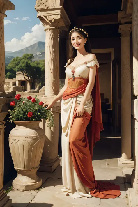 Raffaello Santi painting style,Arguments of two female 、roses in vase、fruits、Cute trinkets、smile、ancient greek costume、Woman standing on ancient Roman ruins ,A big smile