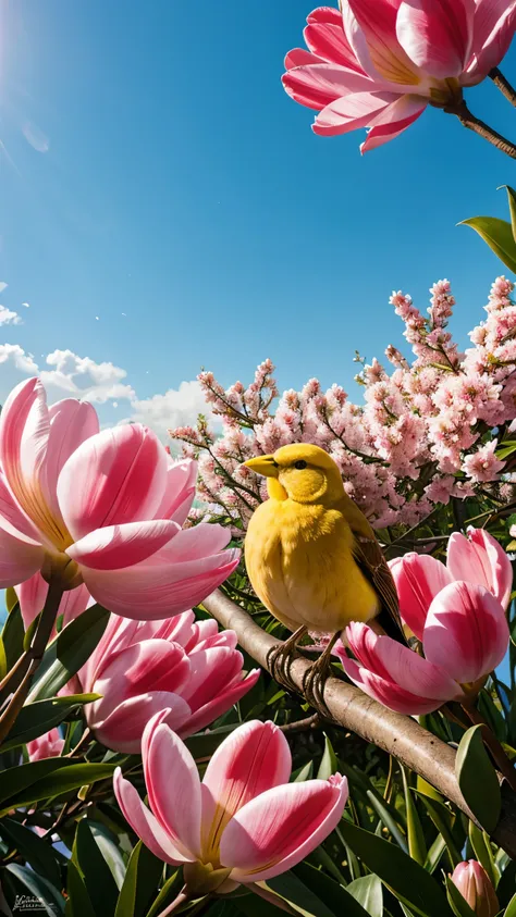 Beautiful canaries posing in a blooming magnolia tree, al fondo un puente en arco, Rococo style with tulips and roses ultra realistic masterpiece great detail 