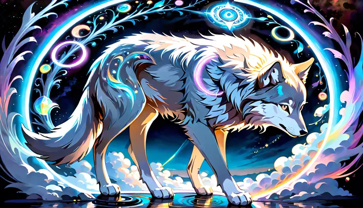 elaborate majestic aura gray-wolf with magic circle illustration, profile like oil-painting, extreme fine detail brush work, intricate detail psychedelic graffiti like, solo cat is seasoned and fearless, slender stunning fine detailed bold, falling star wi...