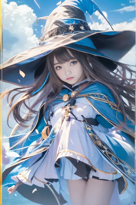 ((RAW image quality:1.4)), 1 girl, 13 years old, Japanese, A woman wearing a blue and white lolita costume、(black wizard hat:1.4), (black cloak:1.4), floating in the sky with magical power, Reflecting the strength of her determination，Because she embodies ...